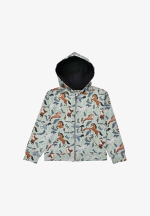 Giacca zip-up azzurra chiara con motivo di cavalli e fogliame, dotata di cappuccio e foderata scura. Realizzata in tessuto morbido con polsini elasticizzati.