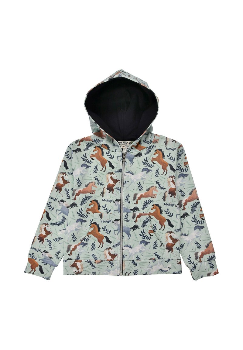 Giacca zip-up azzurra chiara con motivo di cavalli e fogliame, dotata di cappuccio e foderata scura. Realizzata in tessuto morbido con polsini elasticizzati.