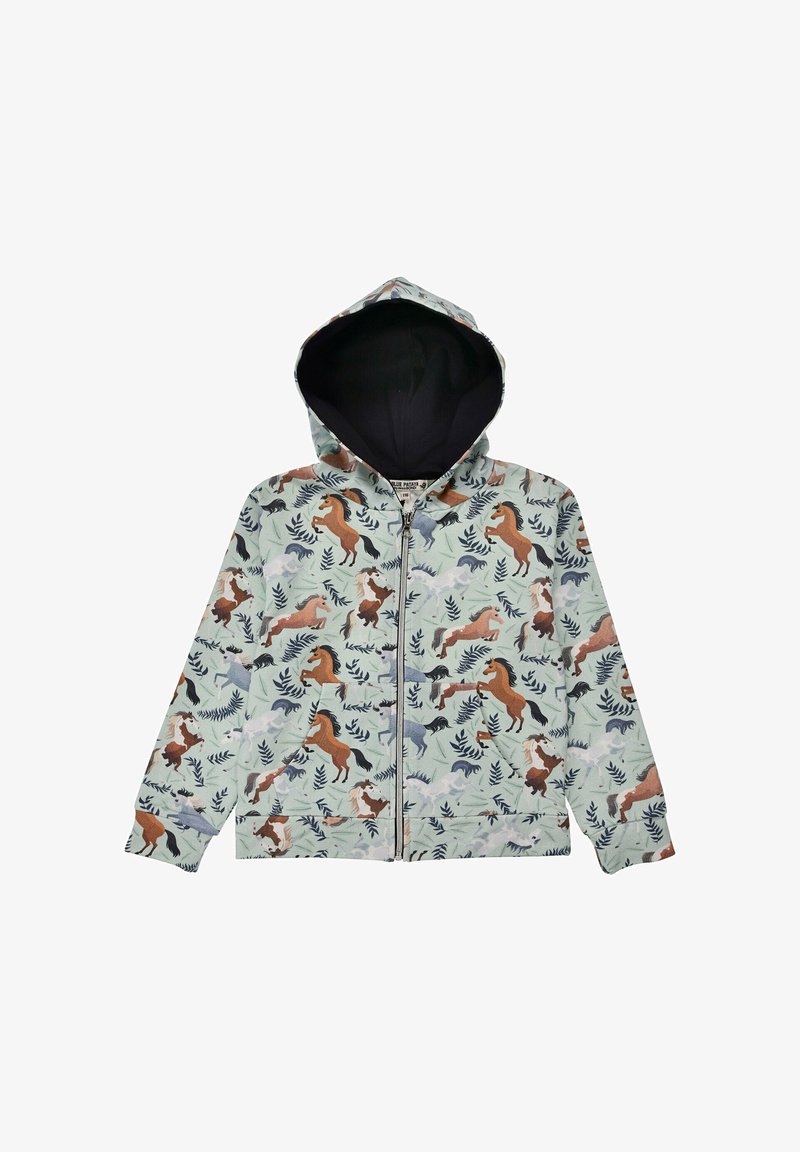 Giacca zip-up azzurra chiara con motivo di cavalli e fogliame, dotata di cappuccio e foderata scura. Realizzata in tessuto morbido con polsini elasticizzati.