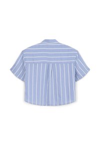 Camicetta azzurro chiaro a maniche corte con strisce orizzontali e verticali bianche, caratterizzata da una piega sul retro e un colletto classico. Tessuto dalla trama liscia.