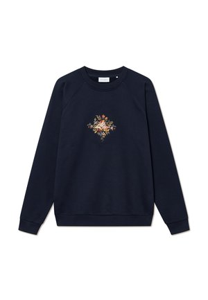 Navy blue sweatshirt featuring a floral embroidery design in the center. Made from soft fabric with ribbed cuffs and hem.