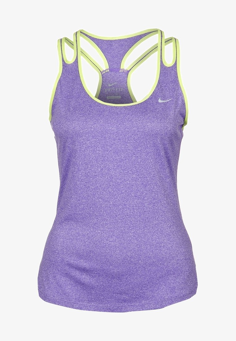 Débardeur Nike Dri-FIT violet avec dos nageur, bordure vert clair et petit logo Nike Swoosh blanc sur la poitrine.