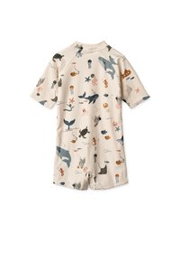 Svetlo bež kopalke s kratkimi rokavi z barvitimi vzorci morskih motivov, vključno s kiti, meduzami in koralami. Mehki, raztegljiv material.