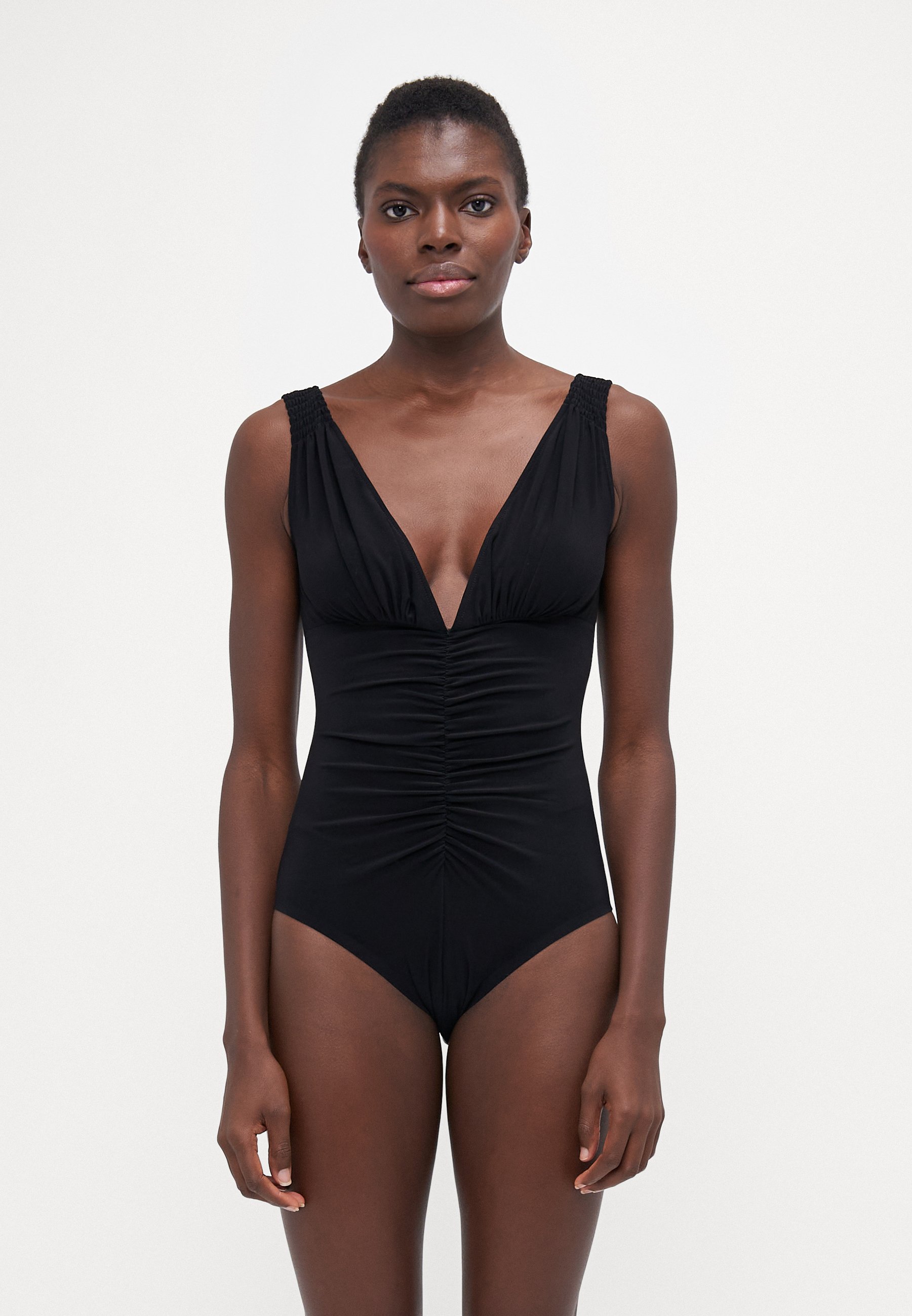 BCBGMAXAZRIA Women's Plunging V-Neck One-Piece Swimsuit - Shirred Solid Color Swimsuit