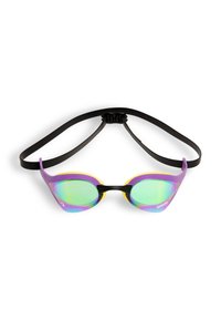 Gafas de carrera con marco morado y amarillo, lentes verdes espejados, correa ajustable negra y diseño aerodinámico para uso competitivo.