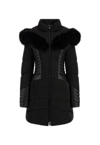 Black puffer coat with faux fur collar, quilted texture, front zipper, and contrasting panel detailing on sleeves and sides.