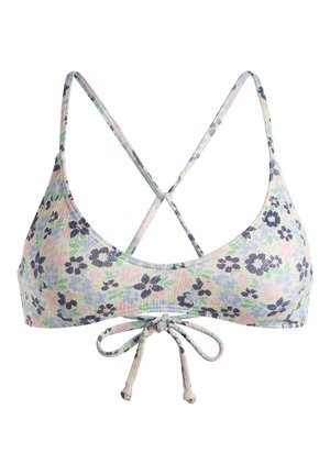 Blumen-Bikini-Oberteil in Pastellfarben mit vorderem Knoten. Es hat dünne Träger, die sich am Rücken kreuzen, und einen strukturierten Stoff mit kleinen Blumen.