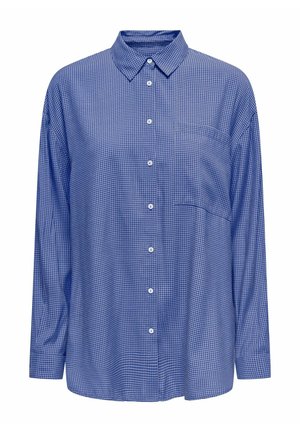 Blue checkered button-up shirt with a spread collar, long sleeves, and a single chest pocket. Made from lightweight fabric.
