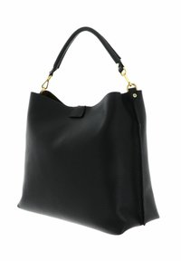 Sac à main en cuir noir texturé avec une seule poignée supérieure et des fermoirs en métal doré sur fond blanc.