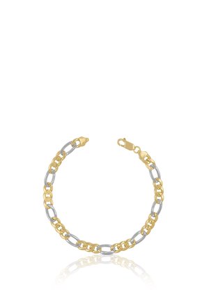 Bracelet avec des maillons ovales alternant or et argent et un fermoir mousqueton en or, présenté sur un fond blanc.