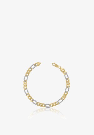 Armband mit abwechselnden goldenen und silbernen ovalen Kettengliedern und einem goldenen Karabinerverschluss, gezeigt auf weißem Hintergrund.