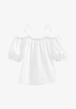 Witte off-shoulder blouse met opgeblazen mouwen, voorzien van bloemrijke borduursels en een elastische halslijn. Wordt vastgeknoopt bij de schouder voor aanpassing.