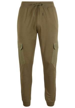 Zielone oliwkowe dresy z wiązanym paskiem w talii, zwężającymi się nogawkami i dwiema bocznymi kieszeniami cargo z klapkami. Miękka faktura materiału.