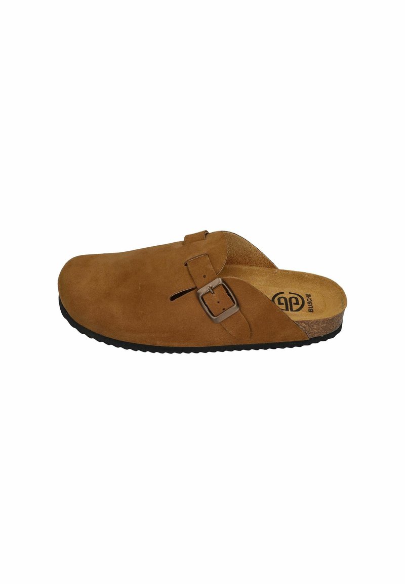 Brown suede clog with an adjustable buckle, cork footbed, and black rubber outsole, featuring a rounded toe and open back design.