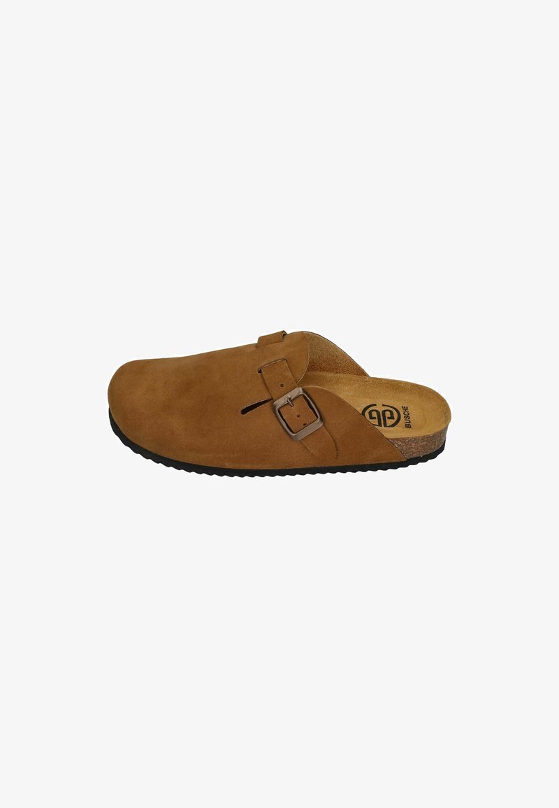 Brown suede clog with an adjustable buckle, cork footbed, and black rubber outsole, featuring a rounded toe and open back design.
