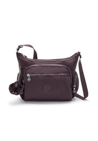 Lila Nylon Crossbody-Tasche mit verstellbarem Tragegurt, mehreren Rei�ßverschlusstaschen, einem runden Logopatch und einem flauschigen Affen-Schlüsselanhänger.