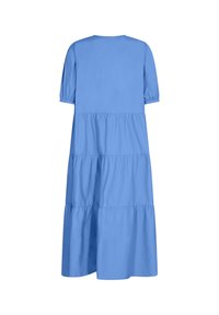 Robe midi bleue à étages avec manches courtes bouffantes et une silhouette ample et fluide, vue de dos.