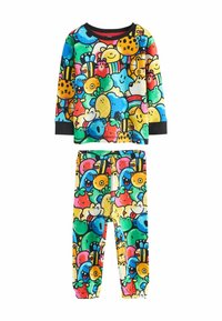 Pyjamaset med lång ärm med färgglada cartoonmönster som föreställer djur och frukter; tillverkat av mjukt tyg; svart kant vid halsringning och ärmslut.