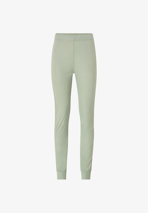 Lys grønne tætsiddende leggings med elastisk talje og manchetter, glat stof og diskret logo-tekst nær venstre ankel.
