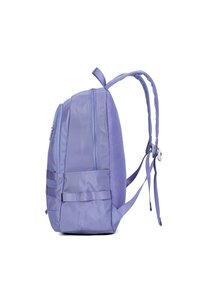 Zaino viola con accenti in rete, due scomparti con zip, spallacci regolabili e fondo rinforzato. Tessuto resistente, design minimalista.