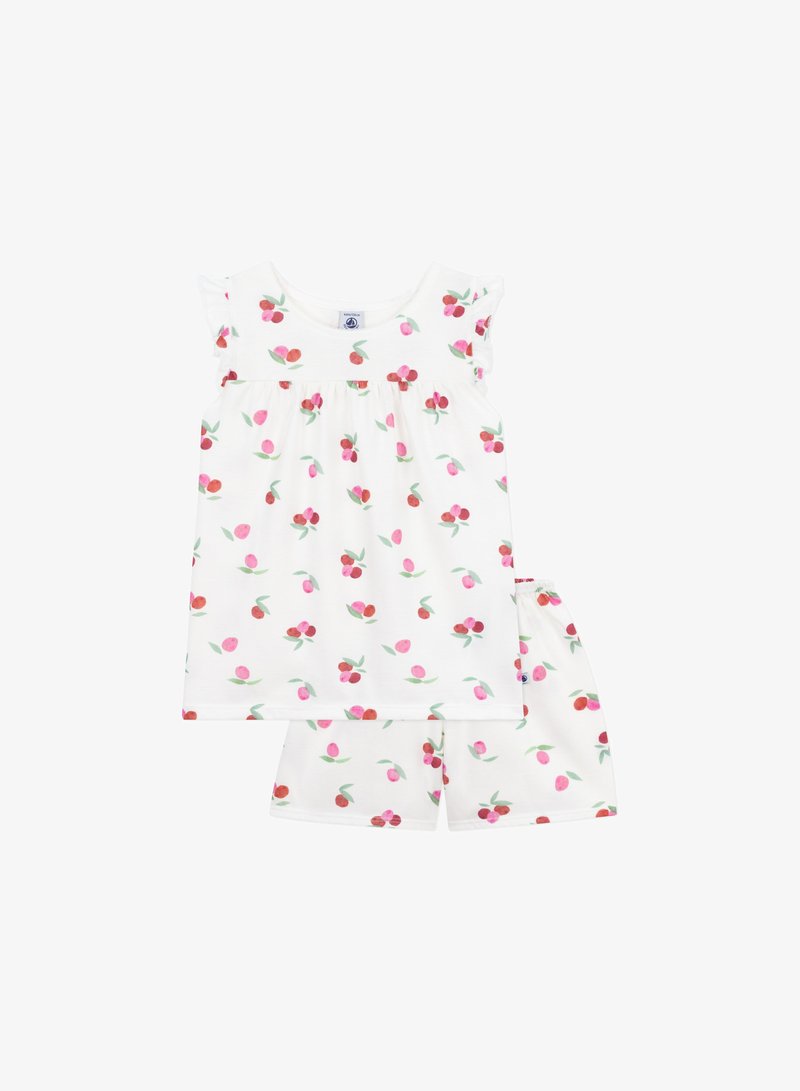 Completo per bambini composto da due pezzi: una maglietta bianca e pantaloni corti, decorati con motivi di ciliegie rosa e foglie verdi, realizzati in tessuto morbido.