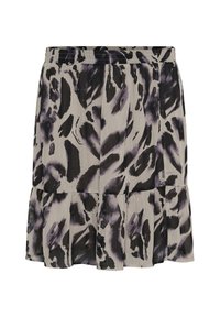 Une jupe à volants avec un design plissé en beige, ornée de motifs abstraits de feuilles noires et violettes, dotée d'une taille élastique pour plus de confort.