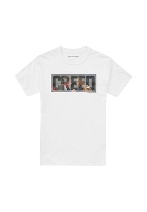 White cotton t-shirt featuring a graphic print of two boxers and the word "CREED" in bold black letters across the chest.