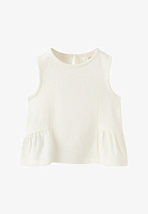 Blouse blanche texturée sans manches avec encolure ronde, panneaux latéraux froncés et petite fermeture par bouton au dos.