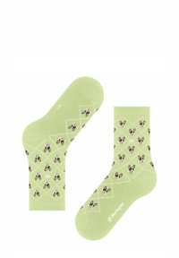 Zielone bawełniane skarpetki z wzorem w romby, z brązowymi psimi pyszczkami, o miękkiej fakturze i ściągaczem dla pewnego dopasowania.