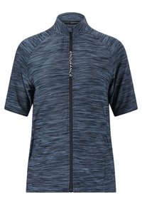 Mörkblå kortärmad träningsskjorta med ett strukturerat, randigt mönster och hög krage, med en dragkedja hela vägen ner och ordet "ENDURANCE" på framsidan.