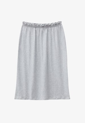Falda gris claro hasta la rodilla con cinturilla elástica fruncida, confeccionada con tela suave y ligera, mostrada sobre un fondo blanco.