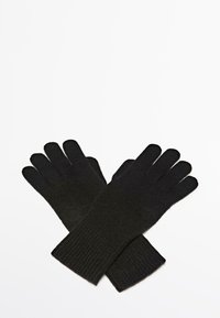 Schwarze gestrickte Handschuhe mit geripptem Muster und fünf Fingern, mit einem geraden Schnitt am Handgelenk.