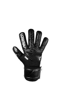 Schwarze Torwart-Handschuhe mit strukturiertem Latex-Oberfläche, verstärkten Nähten, elastischer Handgelenksunterstützung und weißen Logo-Akzenten an den Fingern und am Bund.