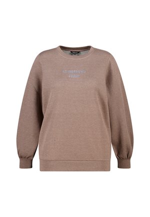 Bruine trui met lange poefmouwen, ronde halslijn en textuurstof. Bevat "LE WEEKEND PARIS" geborduurd in lichtblauw.