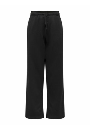 Pantaloni tuta neri a gamba larga realizzati in tessuto morbido con vita elastica e lacci. Gambe dritti e senza tasche visibili.