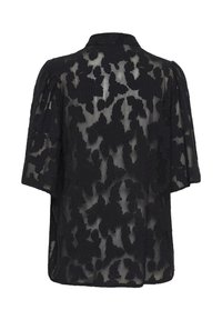 Zwarte doorzichtige blouse met een bloemenkant patroon, korte mouwen, een kraag en een losse pasvorm met zijsplitten aan de onderkant.