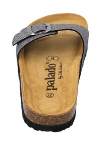 Gray sandal with a textured strap and a metal buckle. Cork footbed and black rubber sole. "Palado" logo printed on the insole.
