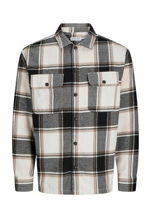 Camicia a scacchi in flanella grigia, nera e beige. Presenta un colletto a punta, chiusura frontale con bottoni e due tasche sul petto con pattina.