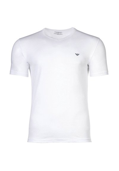 T-shirt bianca a maniche corte con scollo a V e piccolo logo nero sul petto a sinistra, mostrata su sfondo bianco semplice.