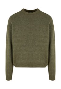 Olive zelený pletený svetr s kulatým výstřihem, dlouhými rukávy a žebrovaným lemem. Měkká textura, volný střih, jednoduchý design bez vzorů.