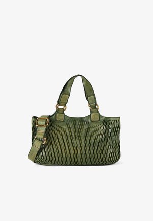 Borsa a mano in pelle verde con motivo traforato, due manici corti, tracolla regolabile e anelli e fibbia in metallo color oro.