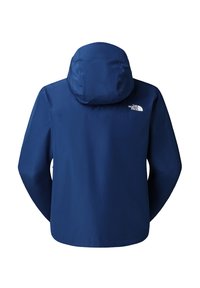 Námořnická modrá nepromokavá bunda s kapucí, zobrazená zezadu, s bílým logem The North Face na horním pravém rameni.