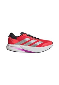 Red athletic shoe with silver stripes, black accents, lightweight mesh upper, cushioned sole, and a prominent white and pink outsole.