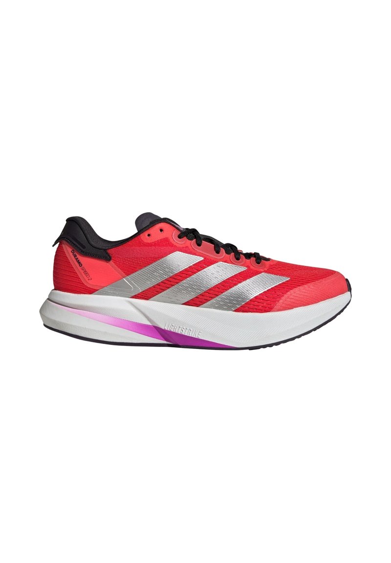 Red athletic shoe with silver stripes, black accents, lightweight mesh upper, cushioned sole, and a prominent white and pink outsole.