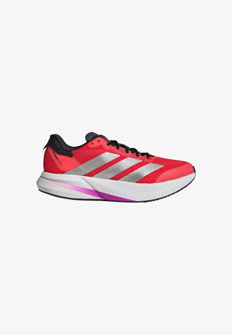 Red athletic shoe with silver stripes, black accents, lightweight mesh upper, cushioned sole, and a prominent white and pink outsole.