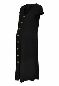 Abito da maternità nero a maniche corte con scollatura a V e bottoni in legno sul davanti, progettato per adattarsi alla silhouette di una donna in gravidanza.