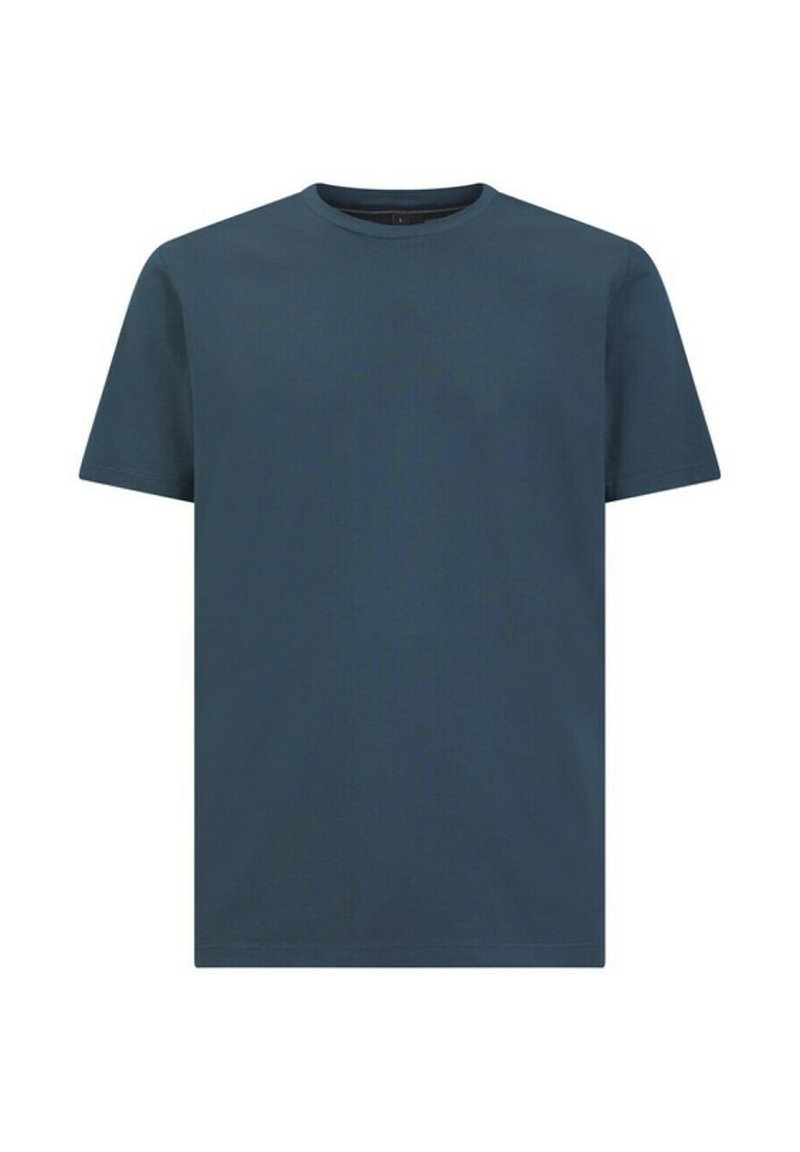 T-shirt in cotone blu scuro con collo rotondo classico e maniche corte. Texture liscia e design semplice, senza fantasie o dettagli aggiuntivi.