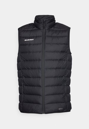 Schwarze isolierte Weste mit hohem Kragen, gestepptem Design, Frontreißverschluss und Seitentaschen. Mit "Mammut"-Logo in Weiß.