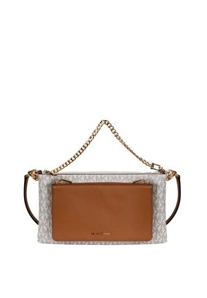 Petit sac à main rectangulaire beige et marron de designer avec anse chaîne dorée et poche zippée avant, présentant un motif logo MK et le branding Michael Kors.