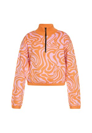 Oranje en roze gebloemde pullover met rits, met een hoge kraag, lange mouwen en een cropped fit met een golvend ontwerp.
